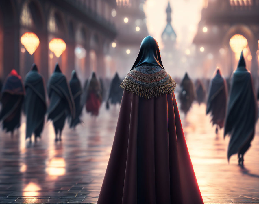 Cloaked figure in bustling, lamp-lit market with ornate structures