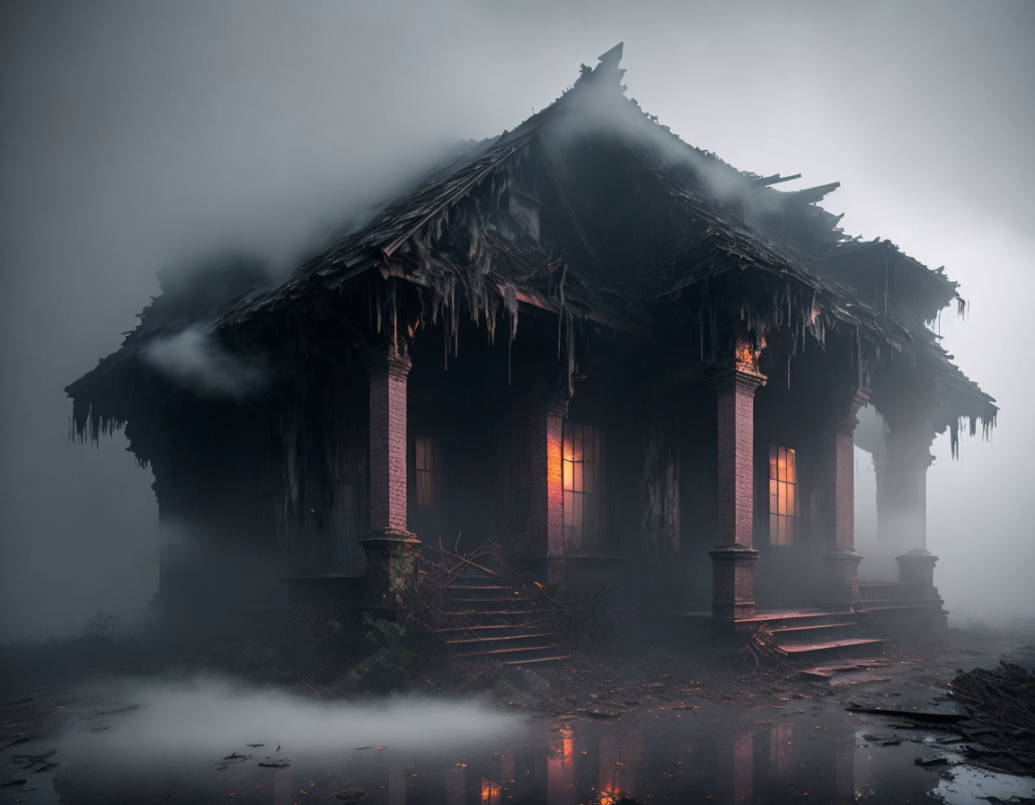 Abandoned house in fog with glowing windows