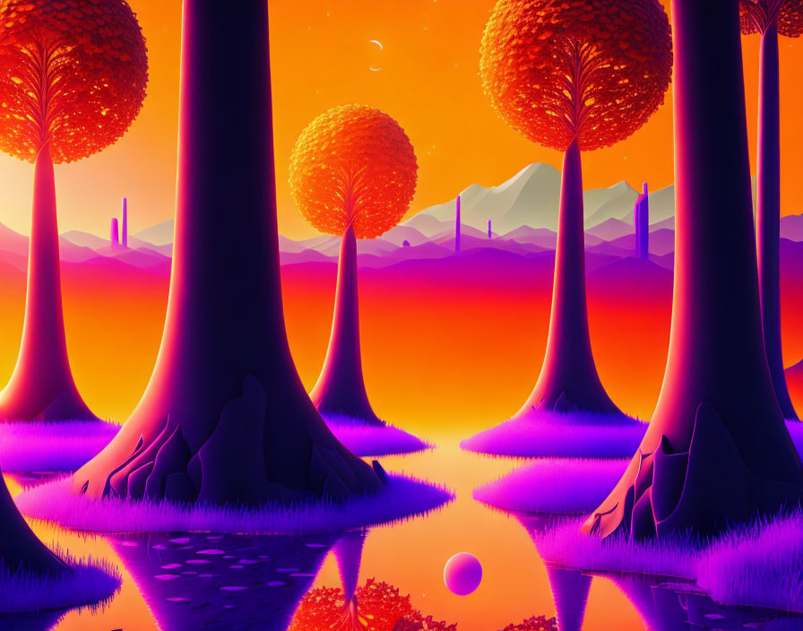 Surreal landscape digital artwork with orange trees and purple grass