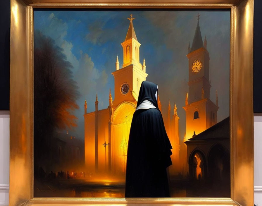 Nun in front of illuminated Gothic church at dusk