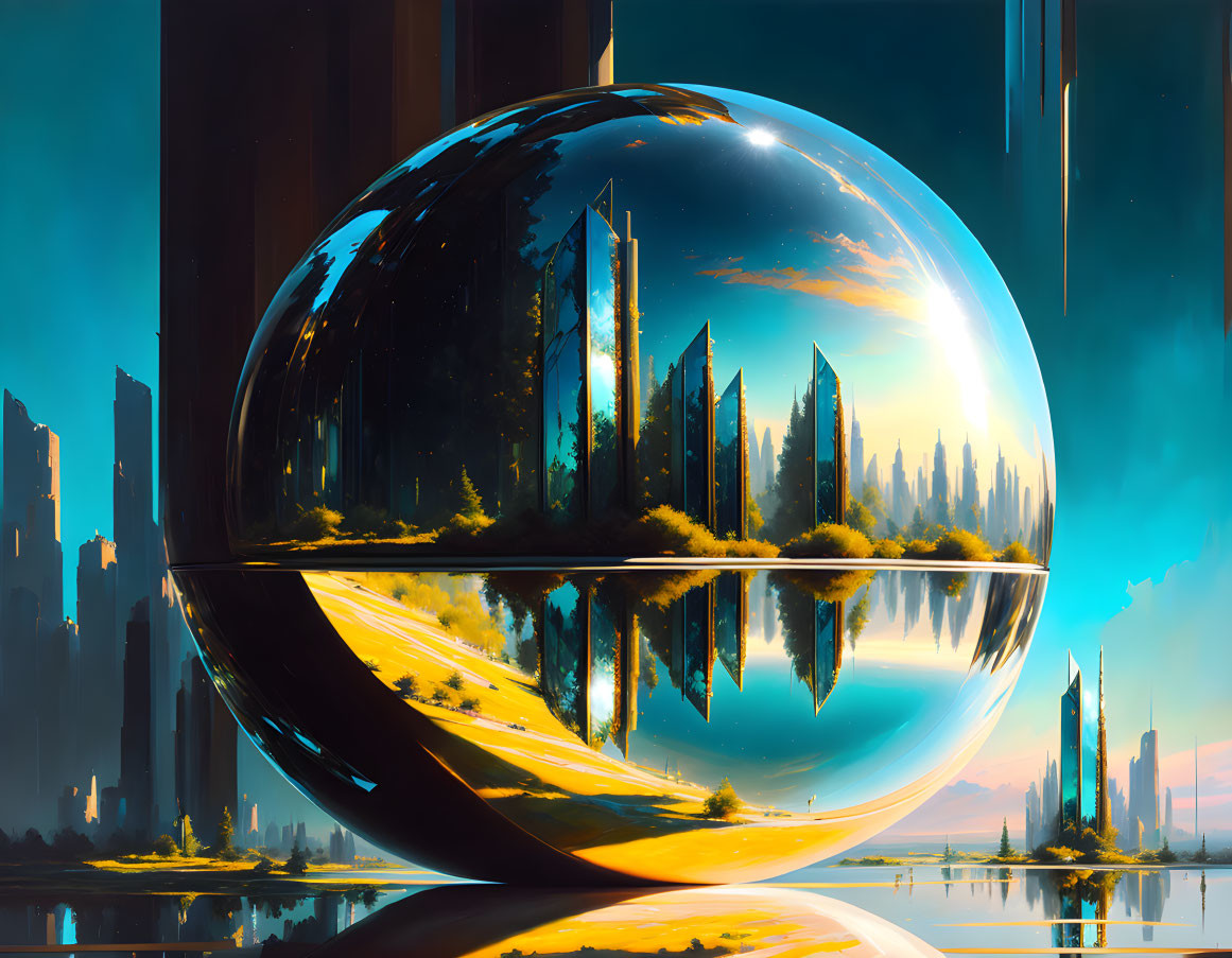 Futuristic cityscape with reflective surfaces and clear sphere forest under blue sky