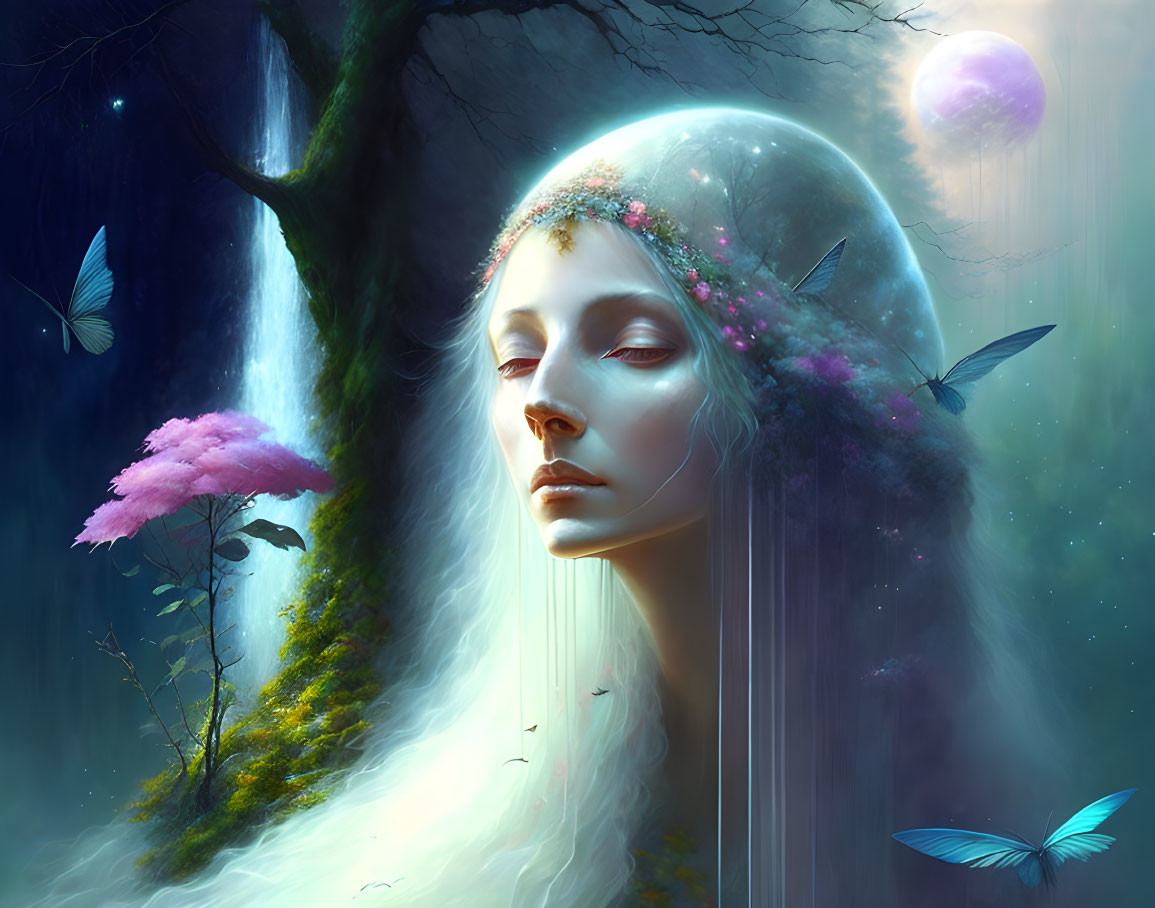 Fantasy illustration of woman with glowing moon head, butterflies, pink tree, stars