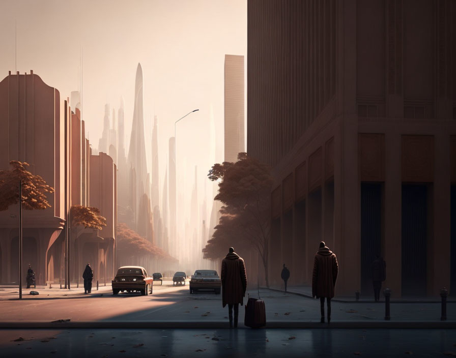 City street scene with two figures and retro-futuristic architecture