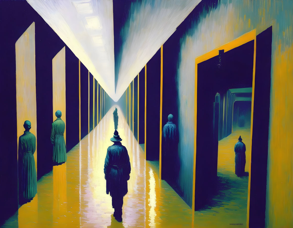 Surreal painting of people in reflective hallway with yellow and blue tones