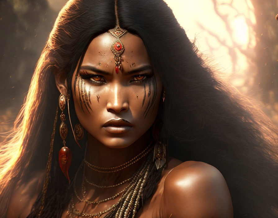 Woman with tribal makeup and red bindi against golden backdrop