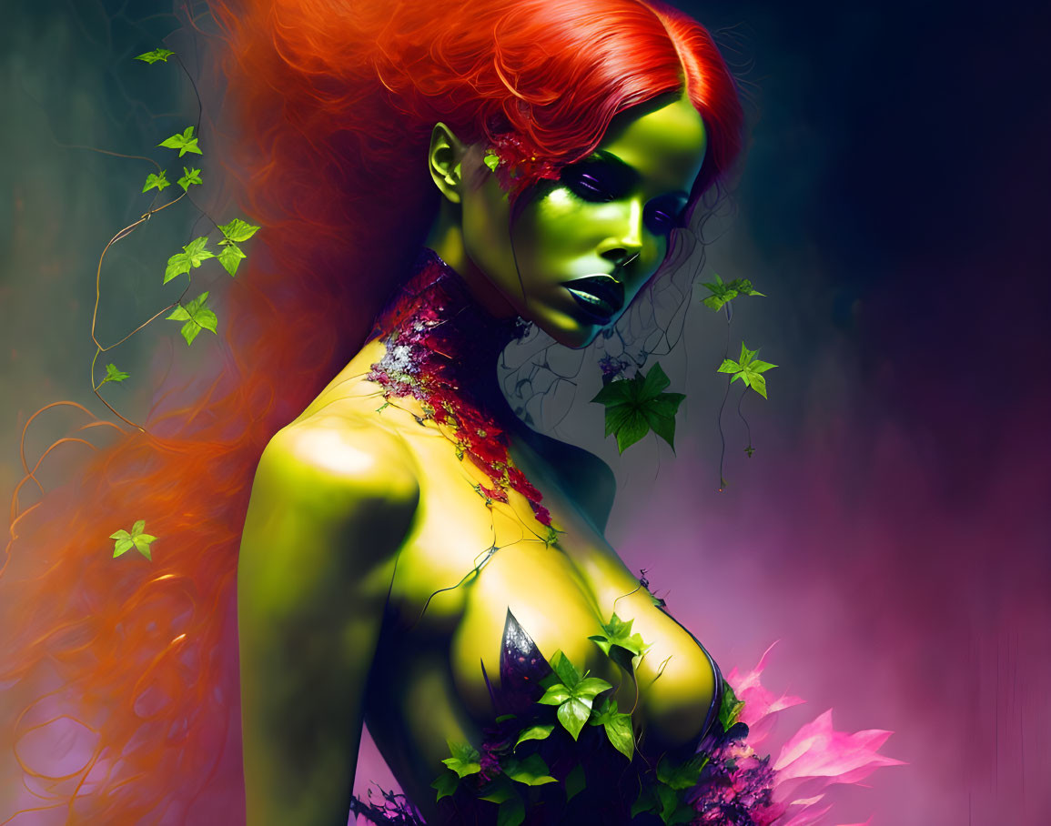 Vibrant green-skinned woman with red hair in digital art