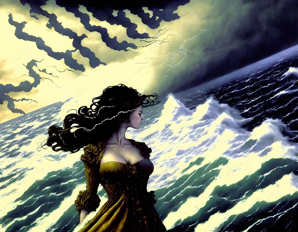 Vintage-dressed woman facing stormy sea with lightning.