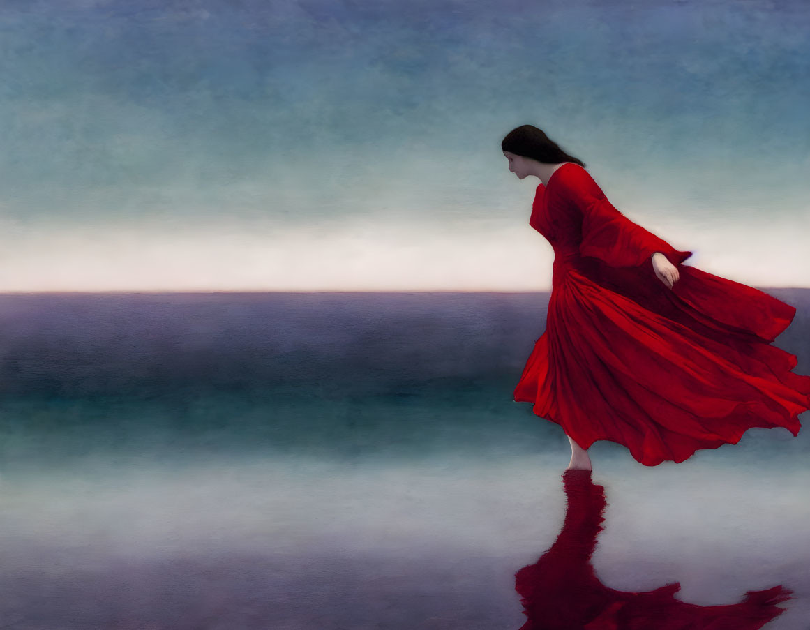 Woman in Red Dress by Serene Water Body with Gradient Sky