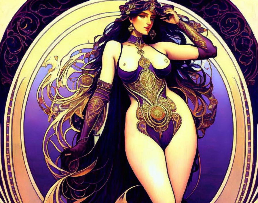 Stylized illustration of woman with flowing hair and decorative circular border