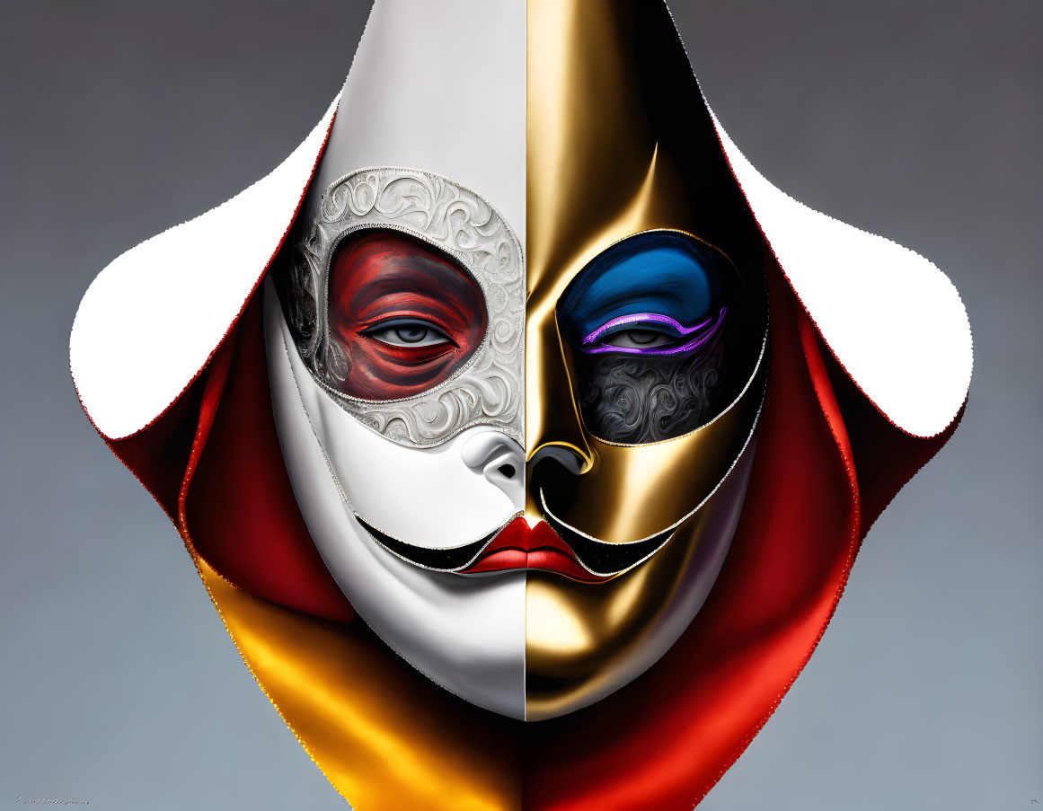 Split face digital artwork: contrasting theatrical masks in white/red and black/blue, adorned with red/gold