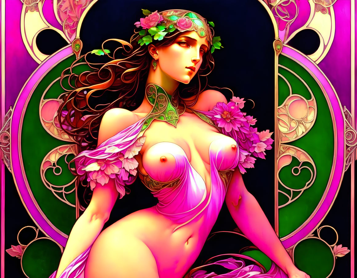 Vibrant Art Nouveau-inspired woman with floral garland illustration