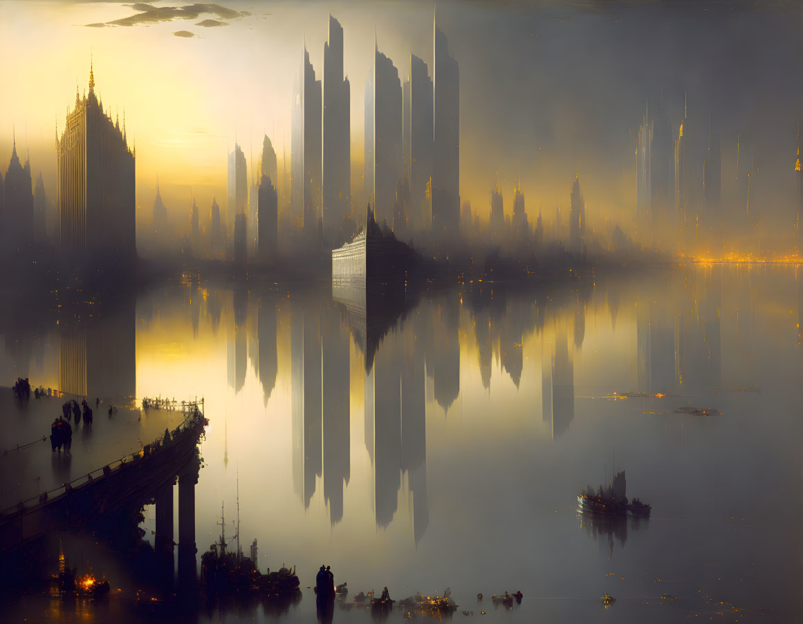 Urban skyline with skyscrapers, calm water, boats, and golden dusk tones