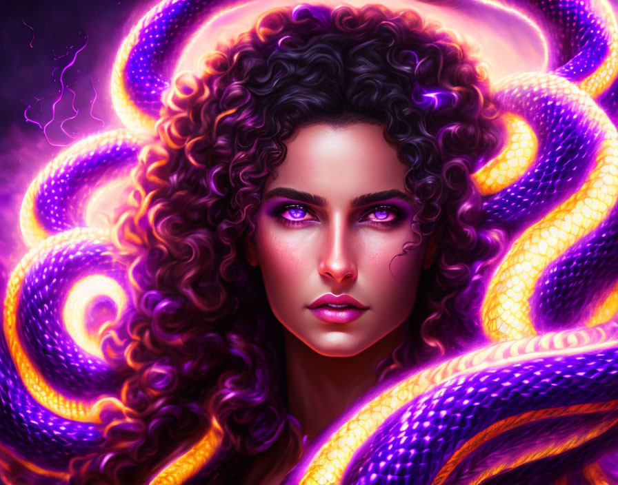 Digital artwork: Woman with curly hair and purple eyes, surrounded by glowing serpents on dark backdrop