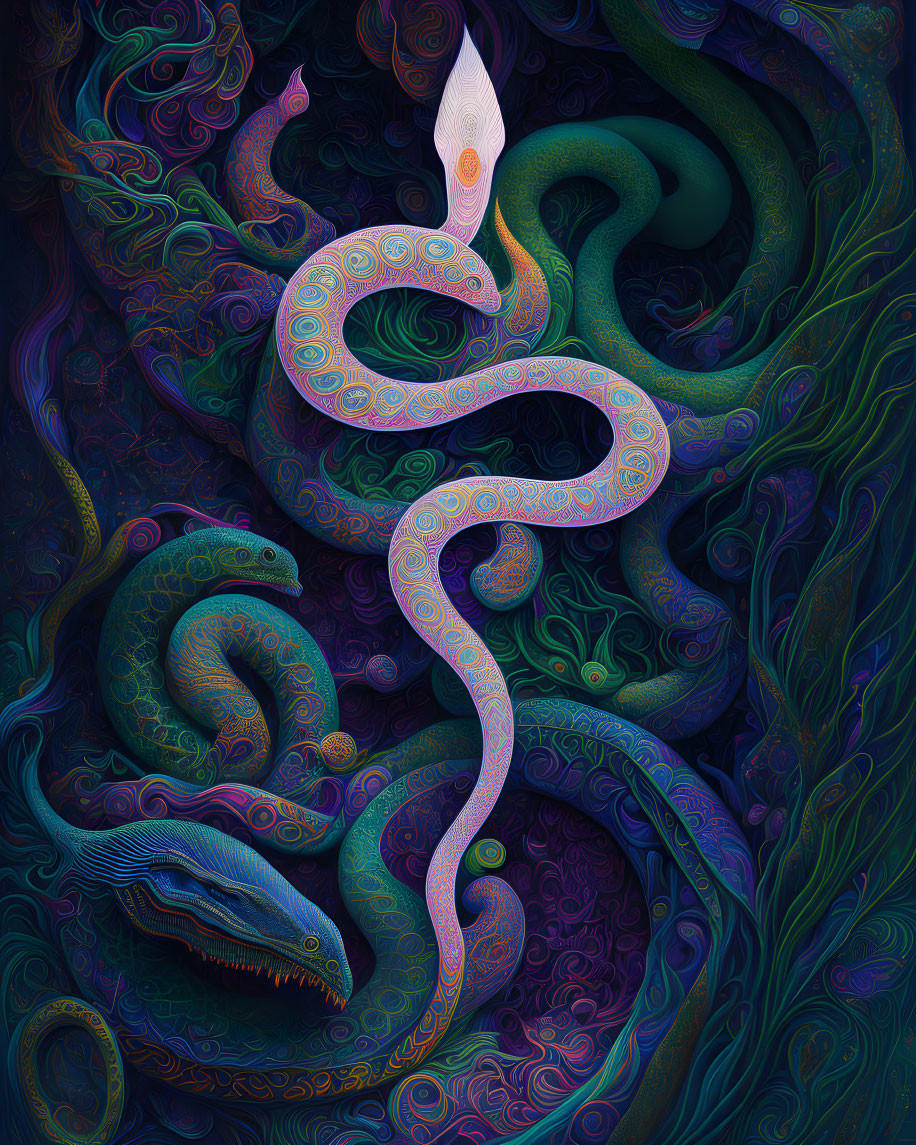 Colorful Psychedelic Serpent Illustration in Floral Environment