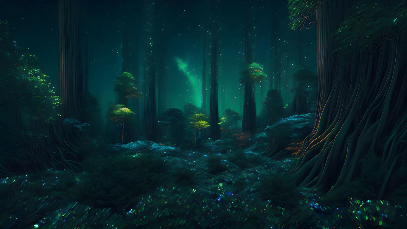 Enchanting night forest with glowing plants and aurora borealis