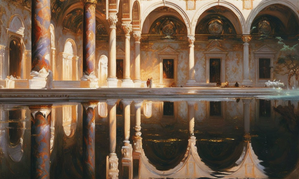 Classical Courtyard with Columns, Arches, Frescoes, and Reflective Pool