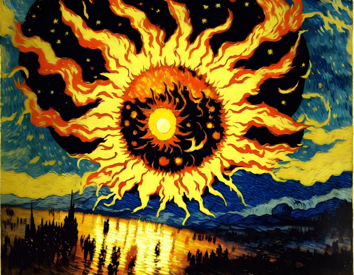 Vibrant painting with fiery sun and swirling orange flames