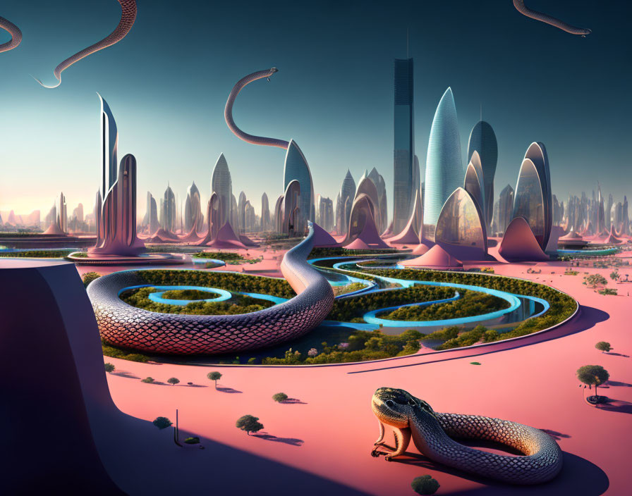 Futuristic cityscape with snake-like skyscrapers in a desert setting