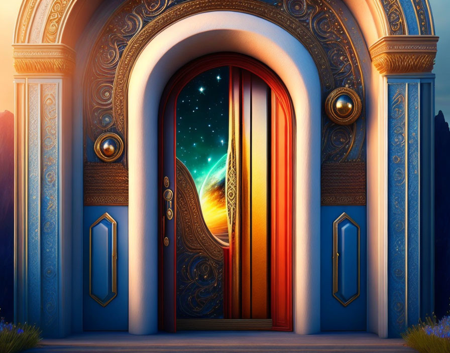 Ornate blue door reveals mystical starry sky and sunset horizon