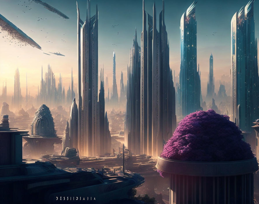 Futuristic cityscape with towering skyscrapers and purple tree dome