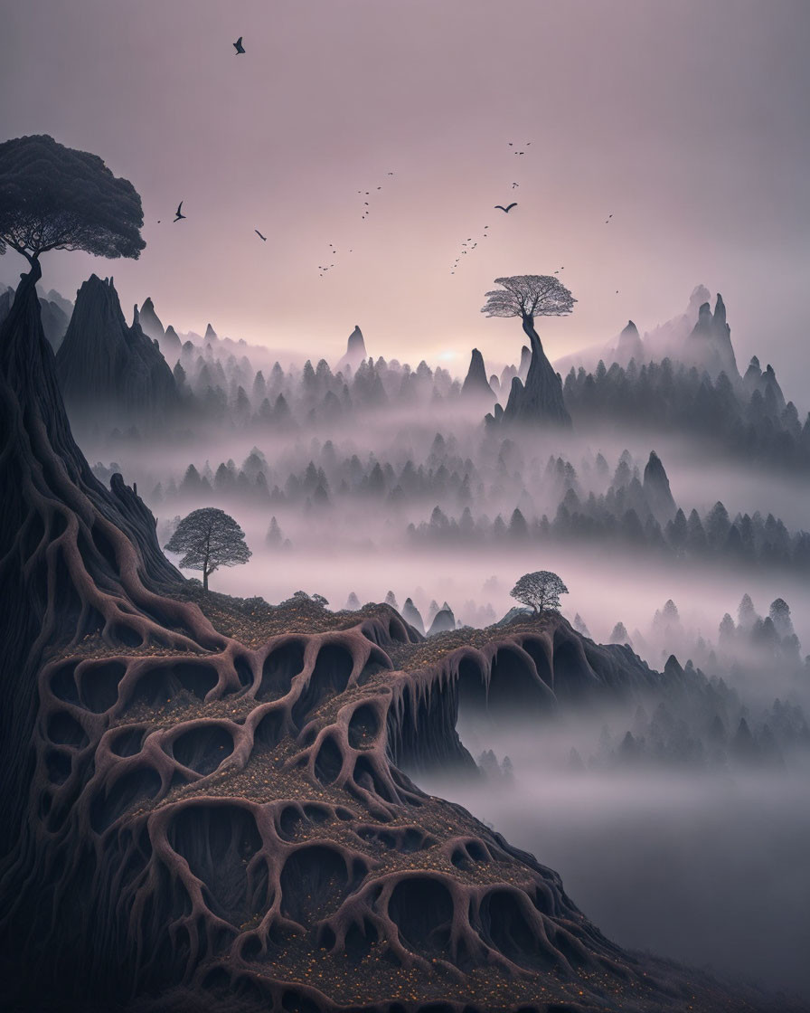 Mystical landscape: fog, hills, tree roots, birds in dimly lit sky