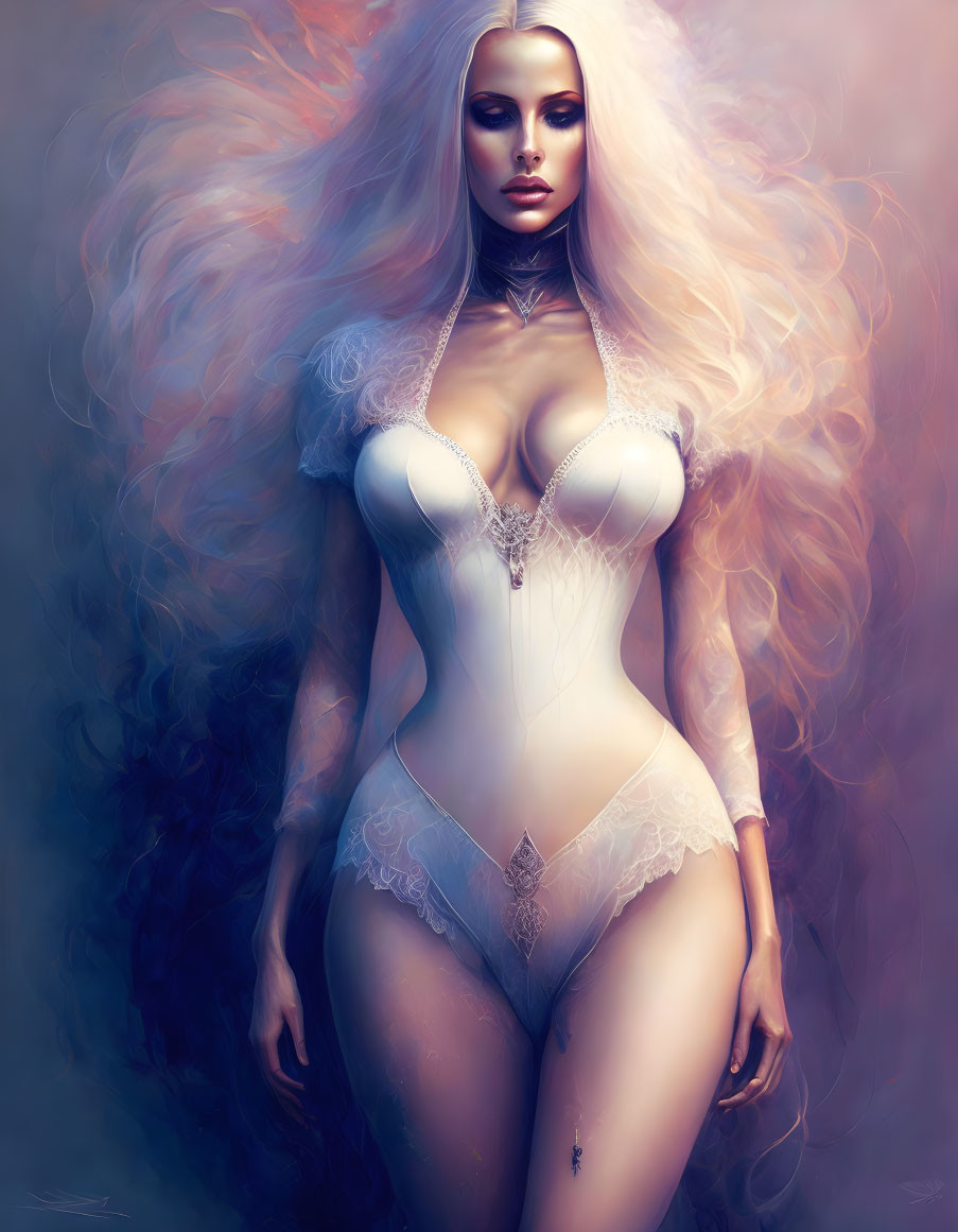 Woman in white lace bodysuit with flowing hair in digital art