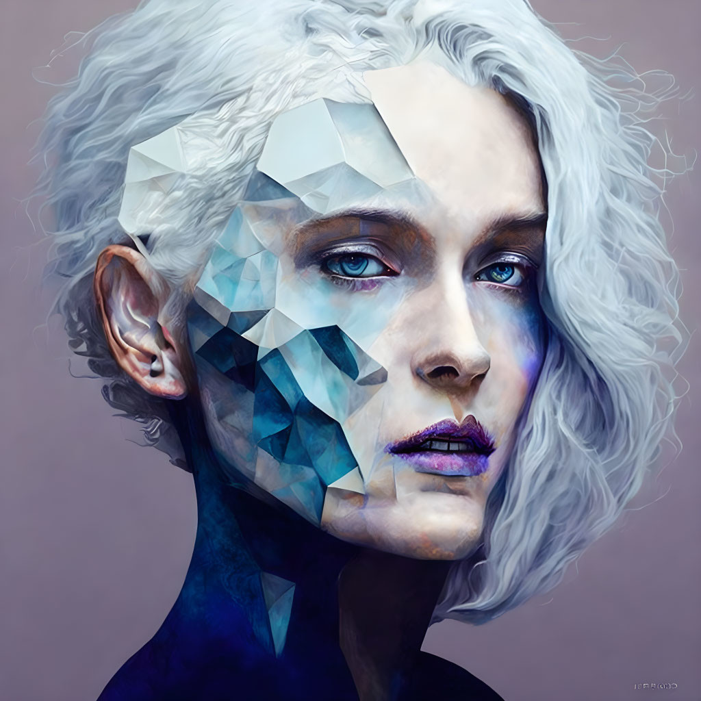 Digital Artwork: Pale Skin, Silver Hair, Geometric Blue & White Pattern