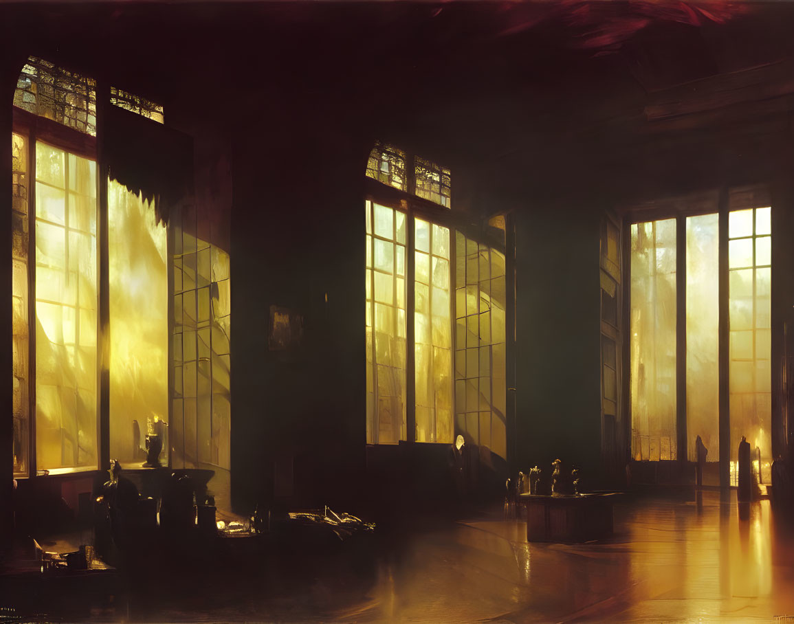 Spacious classical room with golden sunlight and long shadows