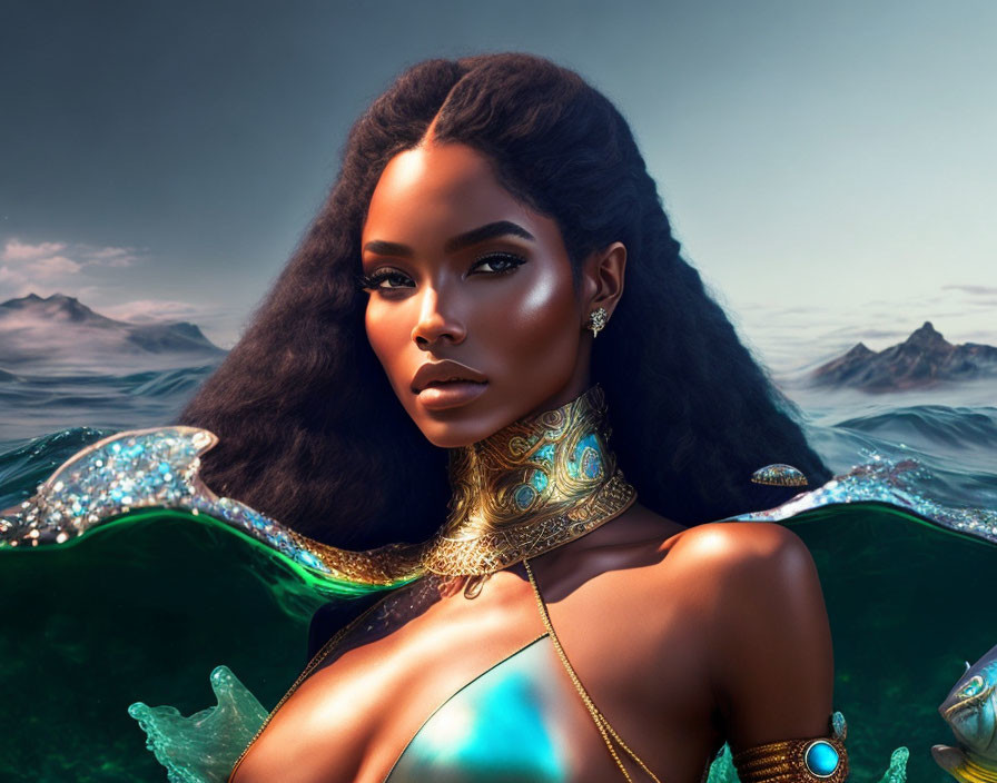 Fantasy sea-themed woman with flowing hair and gold jewelry