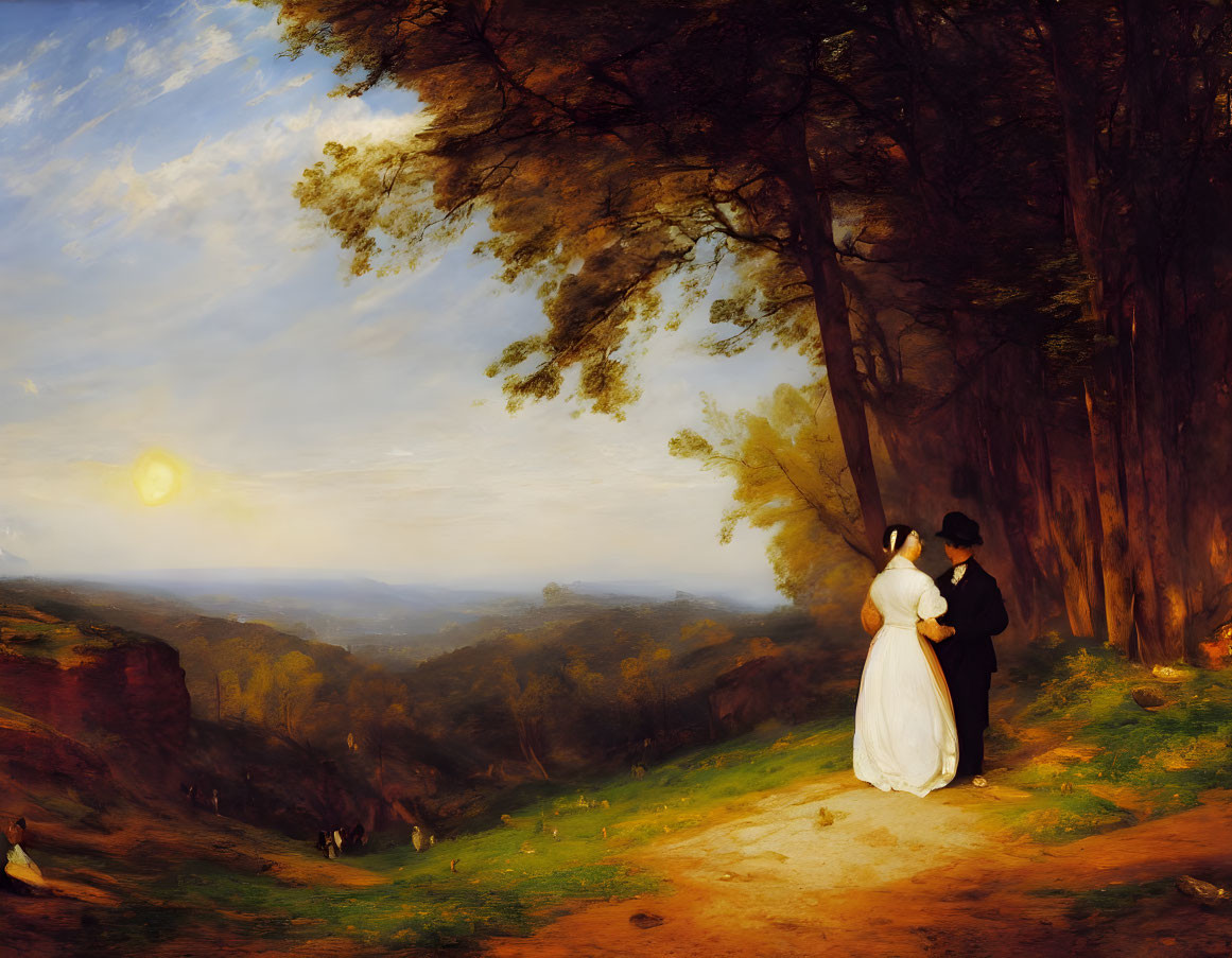 Vintage Attired Figures Admiring Sunset in Serene Landscape