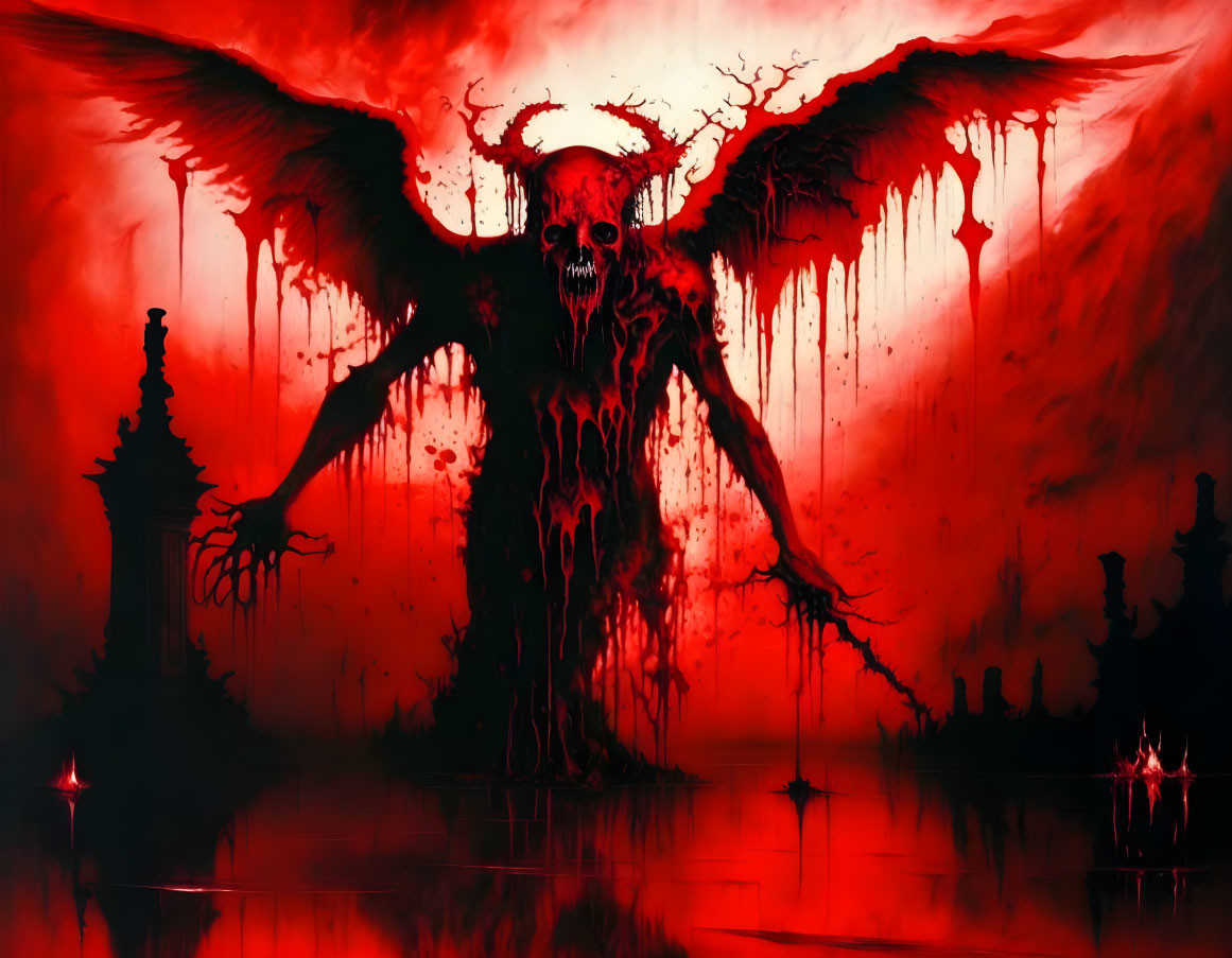 Sinister demonic figure with wings and claws on blood-red backdrop