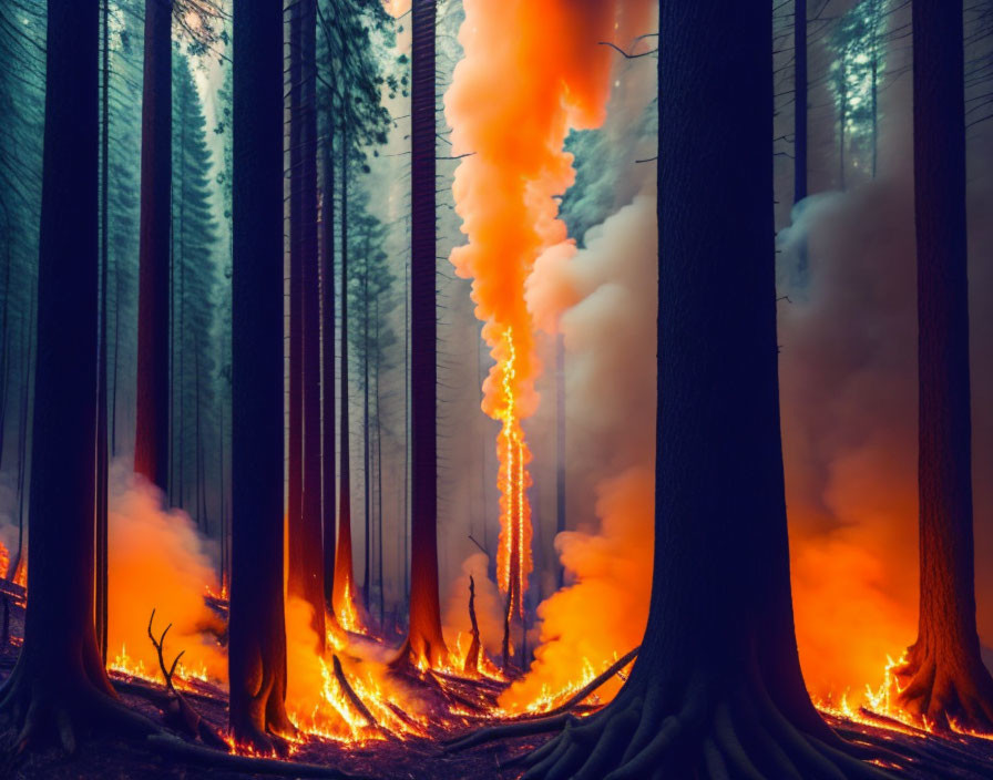 Forest wildfire: tall trees, intense flames, thick smoke.