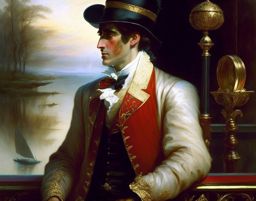 Historical portrait of a man in red vest and top hat by window overlooking river.