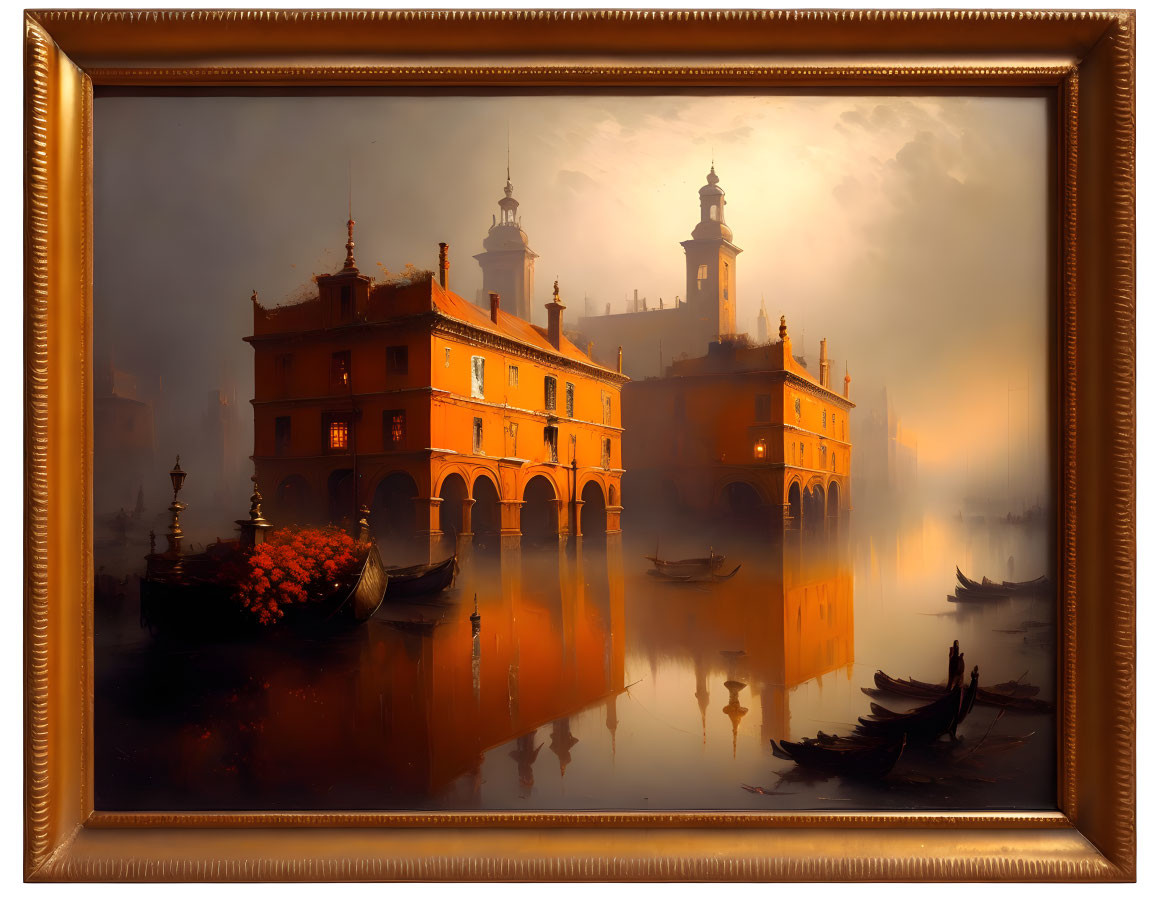 Golden-lit river scene with historic buildings, arches, boats, and blooming flowers in a