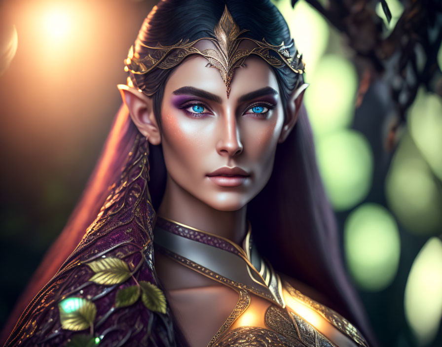 Elven character with golden tiara and blue eyes on bokeh background