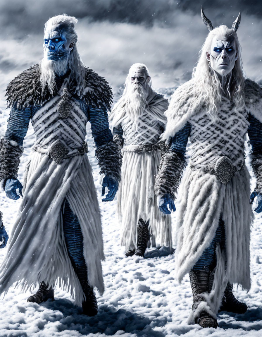 Three Blue-Skinned Figures in White Fur Clothing on Snowy Landscape