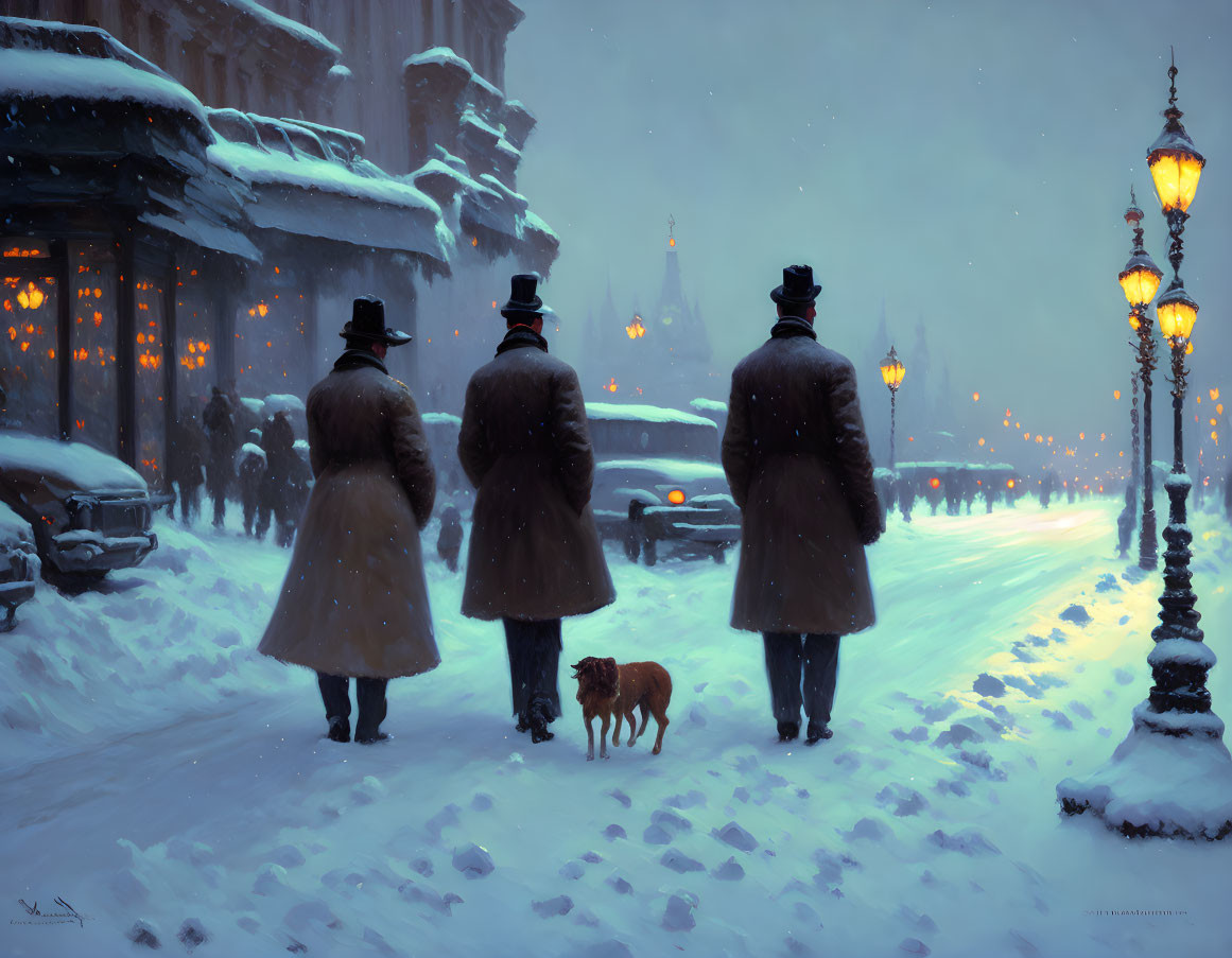 People and dog walking on snowy street at dusk with street lamps and cathedral in background