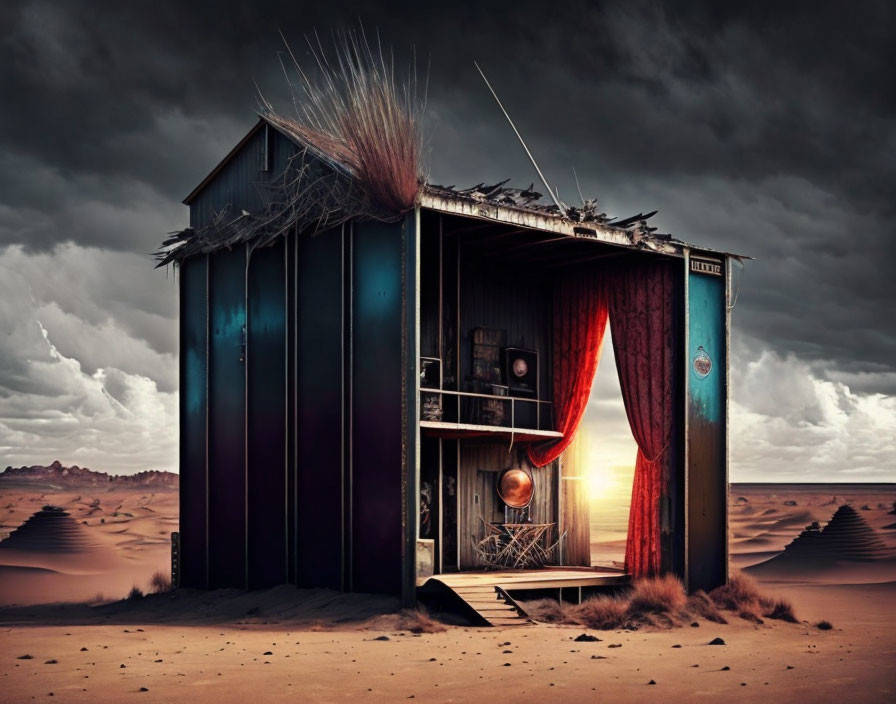 Surreal blue booth with red curtains in desert setting