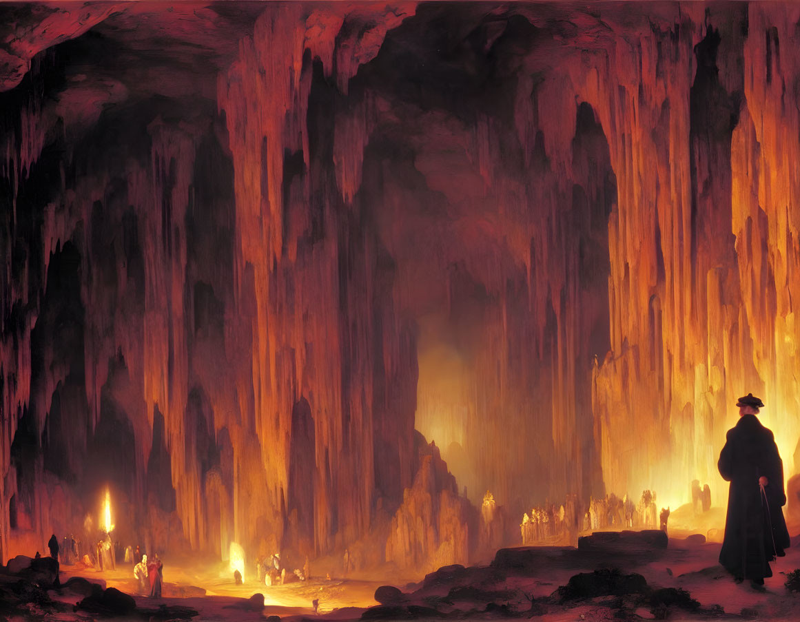 Spacious cave with stalactites and figures under firelight