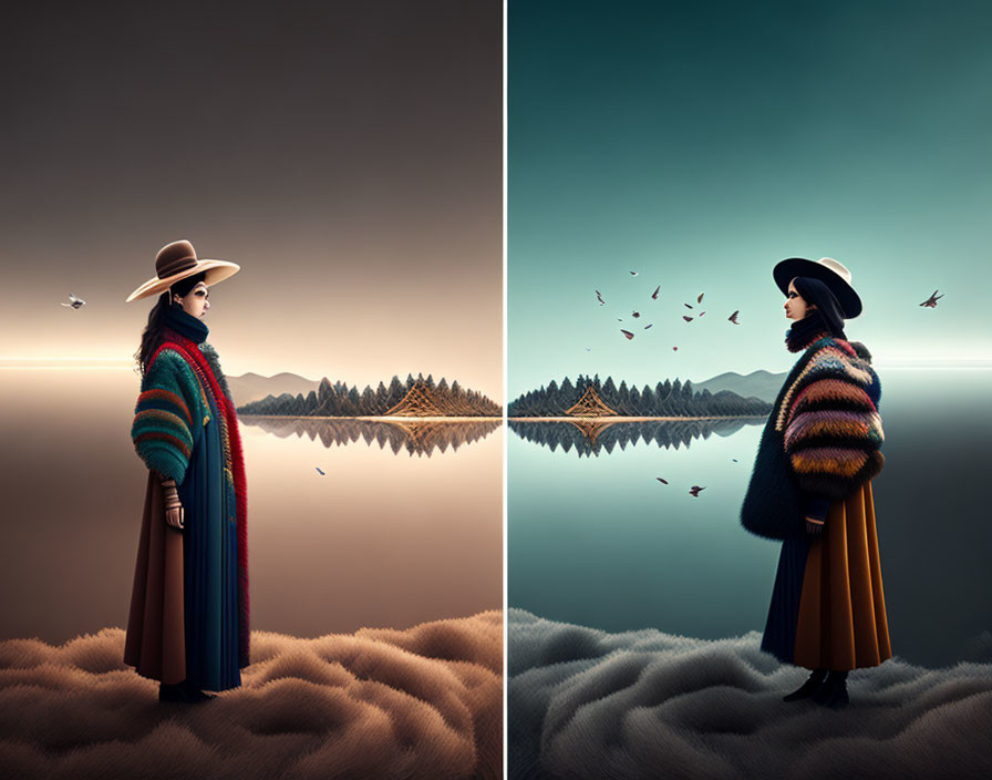 Split-image of person on clouds: colorful outfit, dusk with lake vs. dawn with birds and land