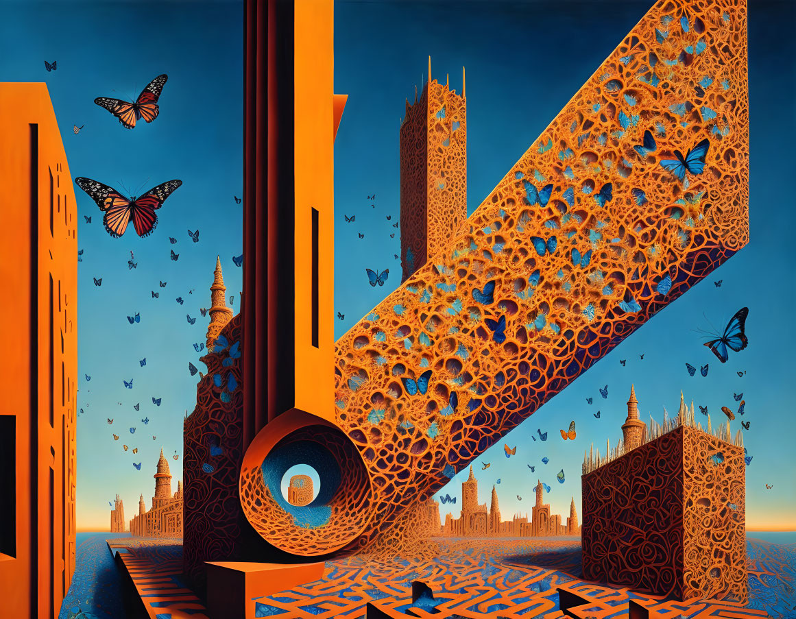 Surreal landscape with architectural structures, geometric shapes, and butterflies