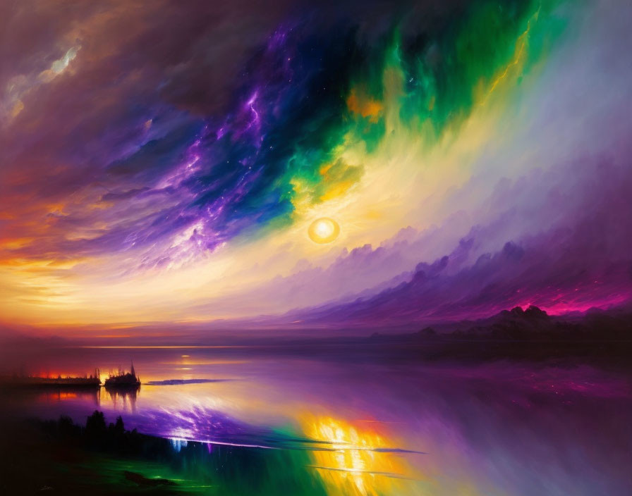 Colorful sunset painting with boat on calm water and swirling cosmic sky