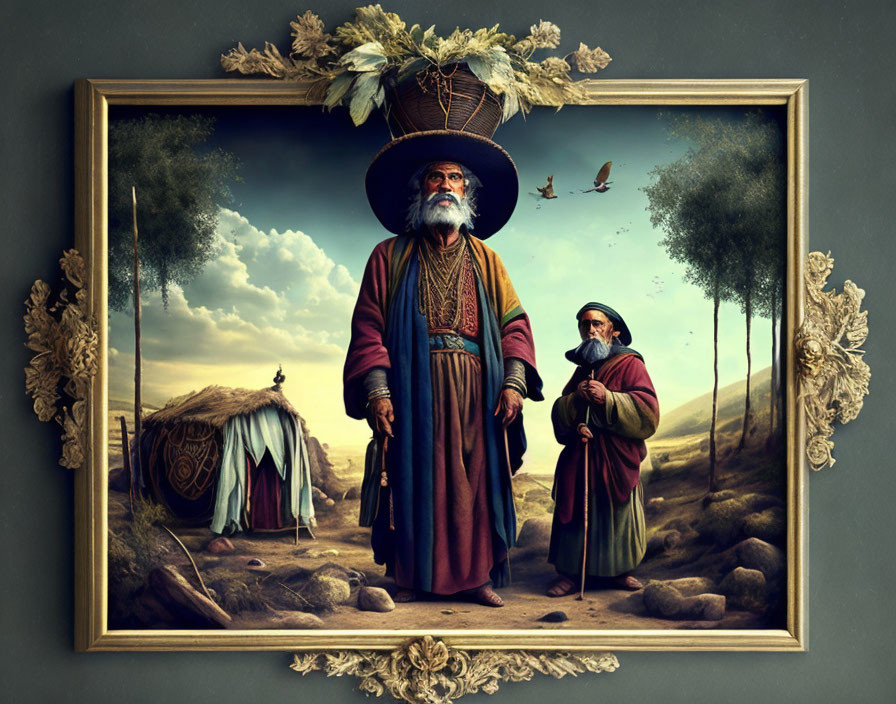 Historical art piece: Elderly bearded men in ornate frame, pastoral landscape.