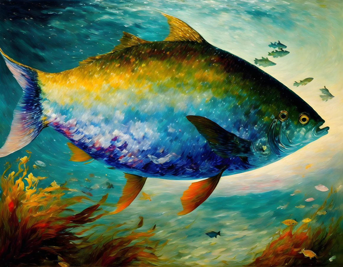 Colorful underwater scene with large fish and aquatic plants