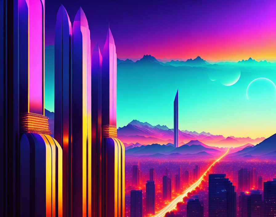 Futuristic cityscape with neon skyscrapers, radiant sunset, and luminous road