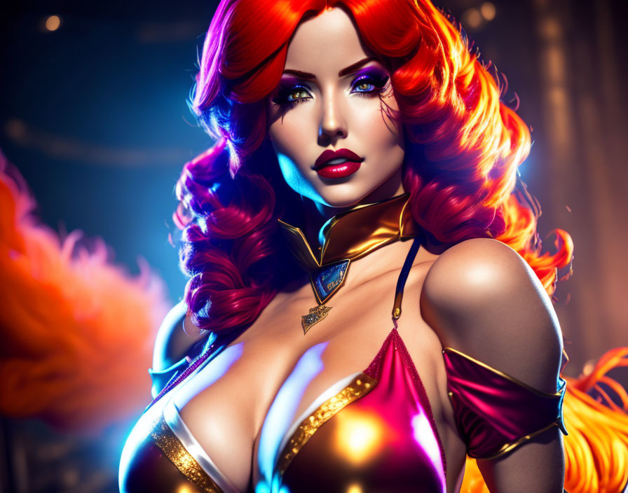 Voluminous red hair woman in gold-trimmed purple outfit