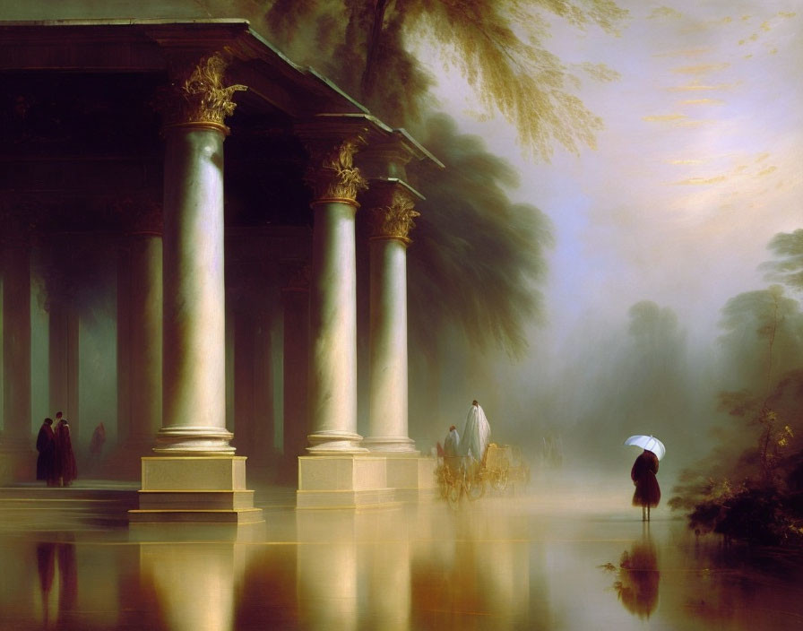 Historical scene: classical architecture, columns, people in period clothing, horse-drawn carriage in mist