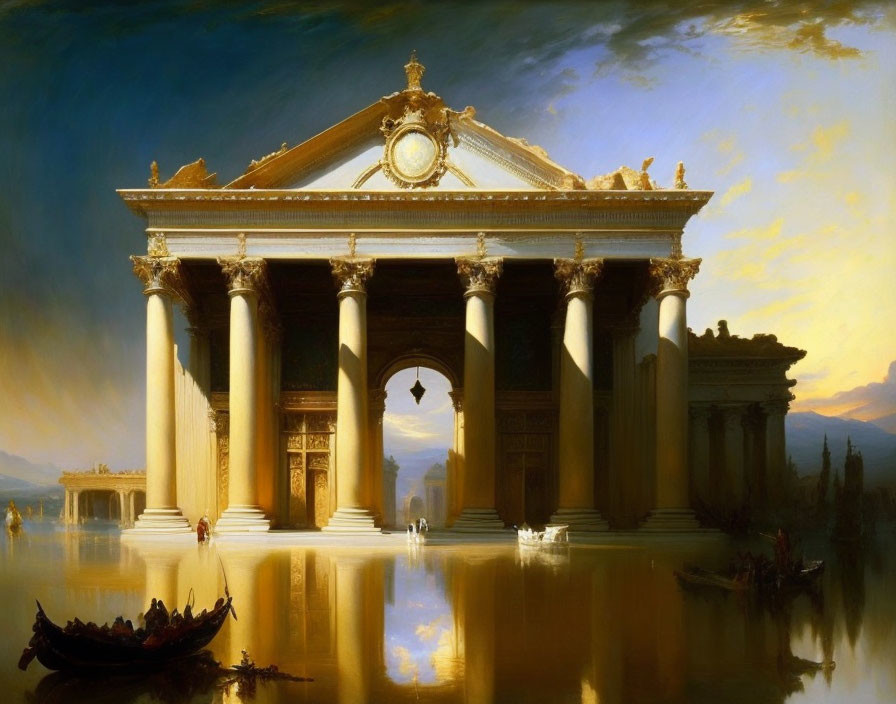 Grand columns and pediment of classical building reflected in water at sunset with gondola, ruins,