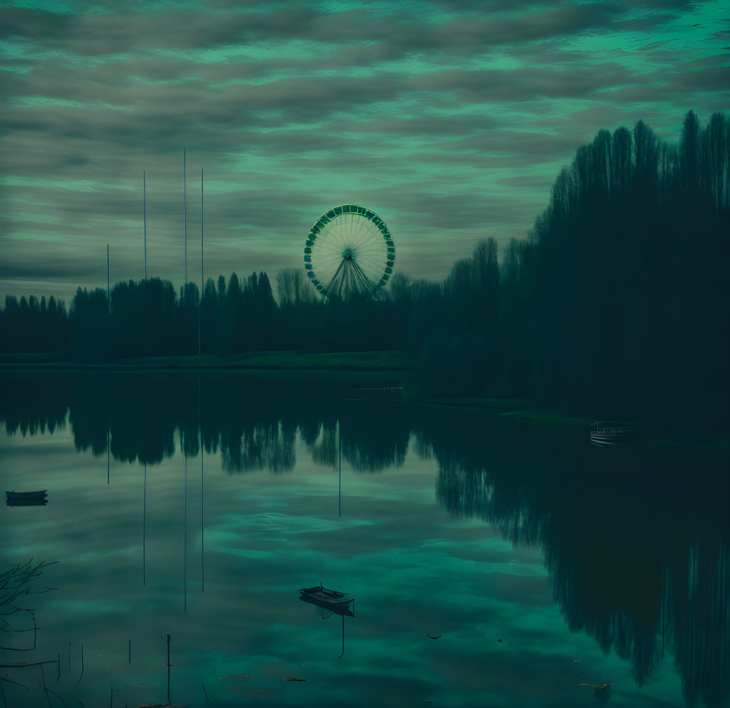 Surreal Ferris Wheel Silhouette Reflecting on Tranquil Lake