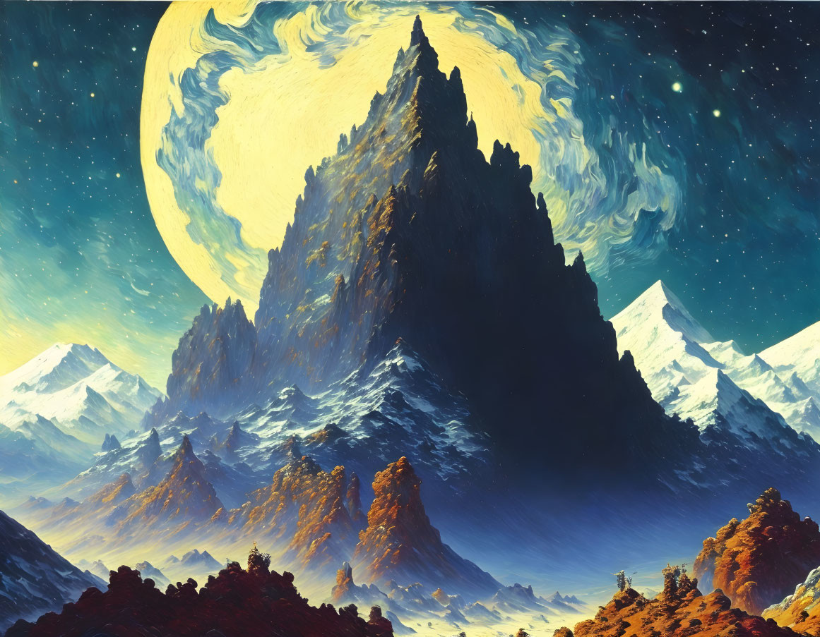 Fantastical landscape with towering mountain, giant moon, starry sky, snowy peaks, autumnal